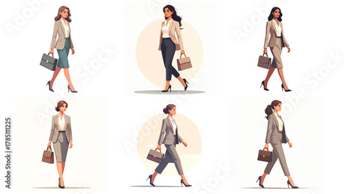 Vector Set illustration of a confident businesswoman walking, dressed in a formal outfit, full body visible, isolated on white. Perfect for corporate and business design use.