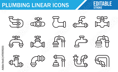 Collection of plumbing linear icons showing water taps, showerheads, pipes, faucets, valves, and fittings in editable stroke outline style for plumbing services, repair, installation, and maintenance 