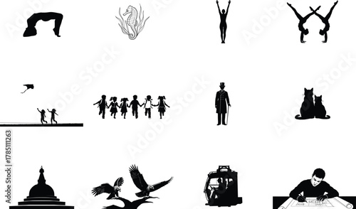 Silhouettes of people animals and objects children