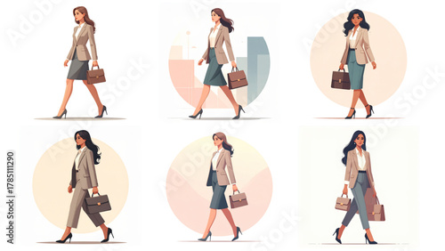 Vector Set illustration of a confident businesswoman walking, dressed in a formal outfit, full body visible, isolated on white. Perfect for corporate and business design use.