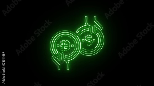Glowing neon line exchange with rotating arrows. Currency transfer icon animation HD video isolated on black background.