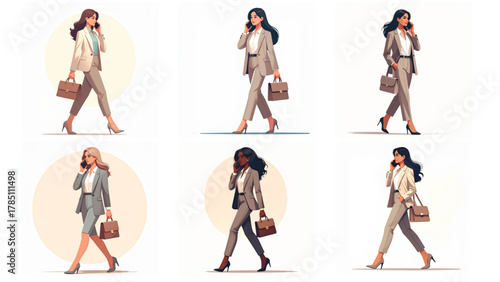 Vector Set illustration of a confident businesswoman walking, dressed in a formal outfit, full body visible, isolated on white. Perfect for corporate and business design use.