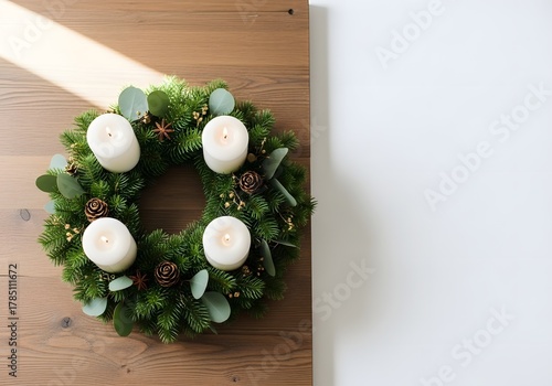Elegant christmas wreath with candles on wooden table for holiday decoration and festive design