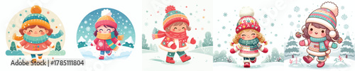 vector of a little girl walking in a snowy atmosphere
