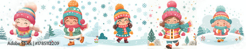 vector of a little girl walking in a snowy atmosphere
