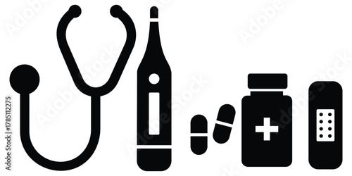 Medical Supplies and First Aid Icon Set — Bandage, Syringe, Vaccine, and Healthcare
 Tools Vector Illustration