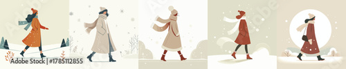 vector of a woman walking in a snowy atmosphere