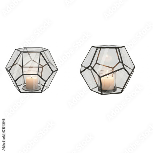 Elegant geometric candle holders glow warmly, casting a soft light, perfect for creating a cozy, modern ambiance in any home or event space