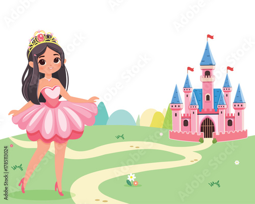Cute little princess in beautiful pink dress and golden crown stands in front of the castle on white background. Poster, Banner, Flyer, Greeting Card. Vector illustration in flat drawn cartoon style