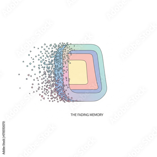 Fading memory concept, abstract shape dissolving into pastel triangles, symbolizes memory loss or digital data corruption, vector design for technology concepts