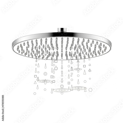 Modern round shower head sprinkling water with geometric shapes, symbolizing clean water, fresh start, and innovative design for bathrooms and spas