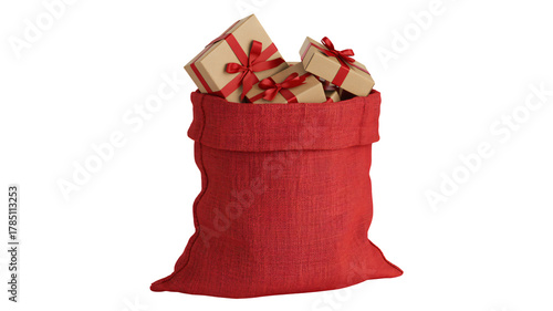 Santa's sack overflowing with Christmas gifts tied with red ribbon