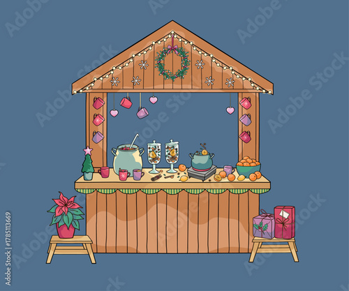 Christmas market mulled wine stall with mugs, pots, oranges, spices and gifts