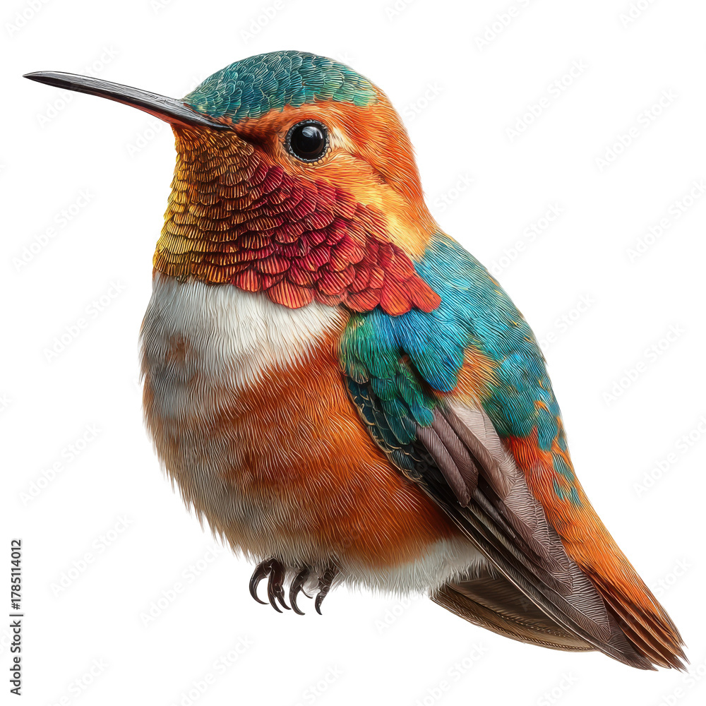 Fototapeta premium Rufous hummingbird spreads its wings in a transparent png, ideal for design stock, the vibrant colors of plumage are clearly visible and makes it visually appealing