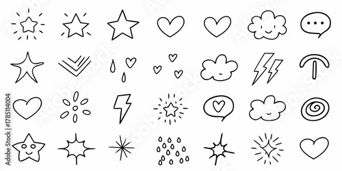 Collection of hand drawn doodle icons featuring stars hearts clouds lightning bolts and raindrops on a white background