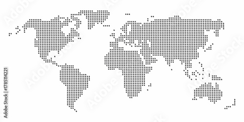 World map composed of dark dots on a white background representing global connections and geography