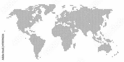 Abstract world map composed of numerous small dark dots on a clean white background
