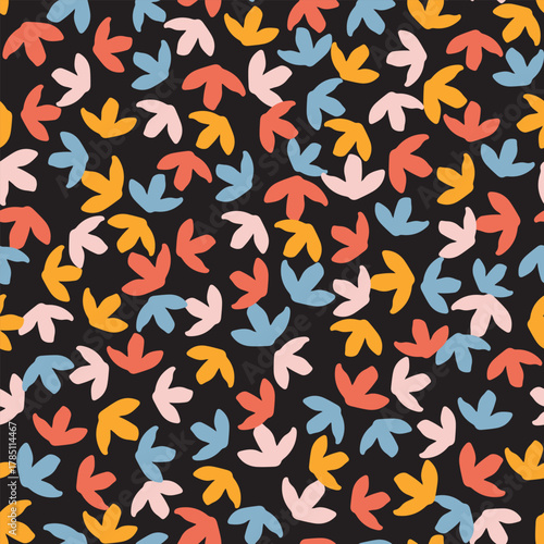 Multicolored abstract leaves seamless repeat pattern. Random placed, vector botany aop, all over surface print on black background.