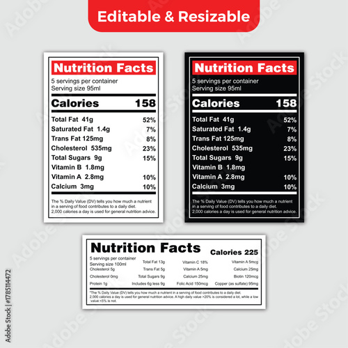 Nutrition facts labels for healthy eating product information data