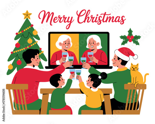 Family celebrates Christmas together virtually via video call with a decorated tree.