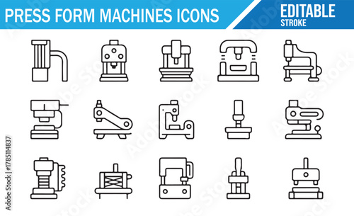 Line Style Vector Icons of Industrial Press and Forming Machines for Factory Production Design