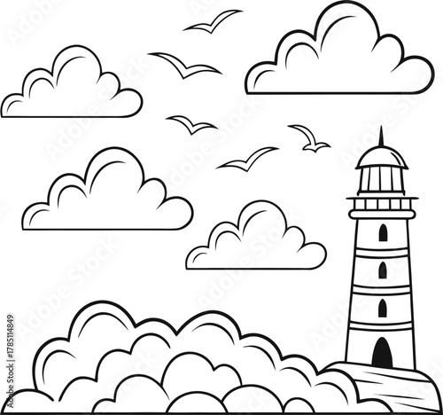 A blue vector cartoon illustration of a summer lighthouse on the beach under a cloudy sky landscape design pattern