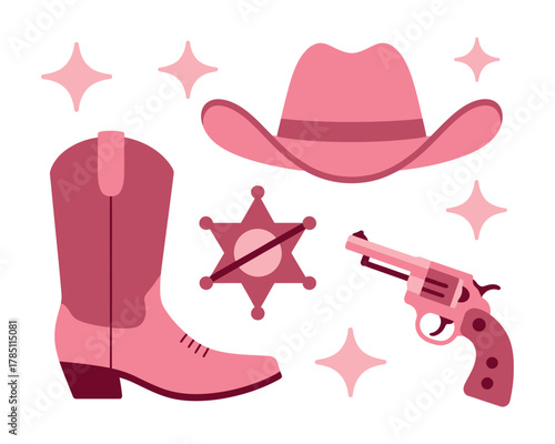 A pink cowboy hat, boot, sheriff's badge, and revolver are arranged with sparkle elements.