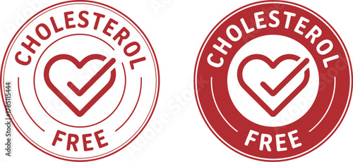 Cholesterol Free Food Product Label Design: Red Heart Checkmark Icon Symbol Sign for Healthy Eating and Diet Control