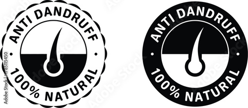 Monochrome anti dandruff 100% natural seal logo featuring a highly magnified hair follicle icon, symbolizing effective hair and scalp treatment products