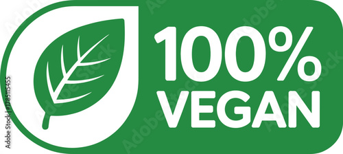100% Vegan certified product label or stamp featuring a simple green leaf icon, symbolizing ethical, plant-based, and animal-free ingredients.