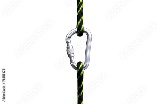 Close up of a silver carabiner clipped onto a thick climbing rope with yellow and green accents isolated on transparent background