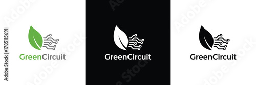 Three variations of GreenCircuit logo with leaf and circuit design in green, white, and black backgrounds. Eco-friendly tech branding.