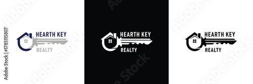 Three variations of Hearth Key Realty logo in different background colors, showcasing design versatility and branding options.