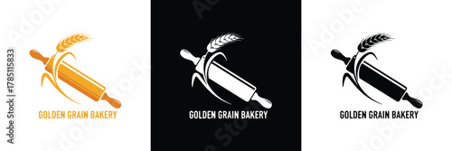 Three logos for a bakery: rolling pin, wheat stalk, and bread loaf with text 'Golden Grain Bakery' in different styles.
