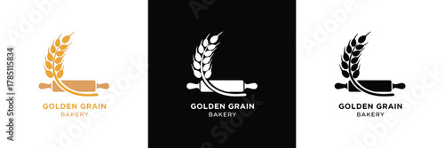Three logo designs for Golden Grain Bakery, featuring wheat and rolling pin in gold, black, and white color schemes. Ideal for branding.