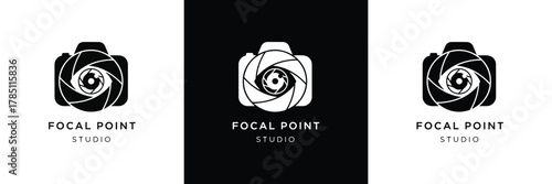 Three sleek camera logos with 'Focal Point' text in black and white, ideal for photography branding and design projects.