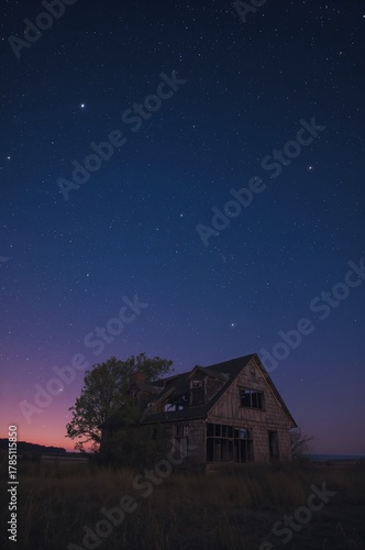 Discover abandoned farmhouse under a vast starry night sky with twilight hues, evoking mystery and solitude.