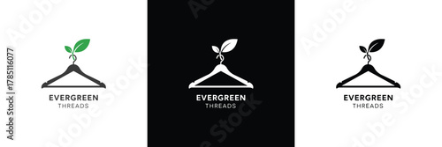 Three minimalist hanger logos featuring eco-friendly designs with green leaves, perfect for sustainable fashion branding and retail.