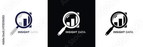 Three logos featuring magnifying glasses and bar graphs, symbolizing data analysis and insight. Clean, modern design for branding.