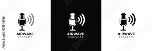 Three sleek Airwave logos featuring microphone icons with signal waves, in monochrome black and white designs for branding.