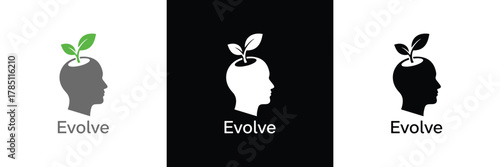 Three-stage graphic showing an apple transforming into a human head silhouette, symbolizing evolution and growth in knowledge.