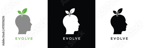 Three monochrome logo variations featuring a human silhouette with a green leaf, symbolizing growth and evolution. Clean and modern design.