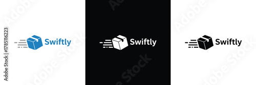 Three variations of the Swiftly logo featuring blue, black, and white color schemes with dynamic motion lines.