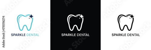 Three distinct dental logos with tooth and star icons, showcasing monochrome and blue color schemes for branding.
