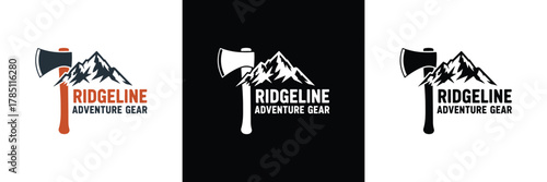 Three logo variations for Ridgeline Adventure Gear, featuring mountain and axe designs in black, white, and orange color schemes.