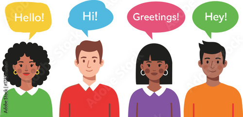 Diverse group of people exchanging greetings with speech bubbles in bright colors modern illustratio