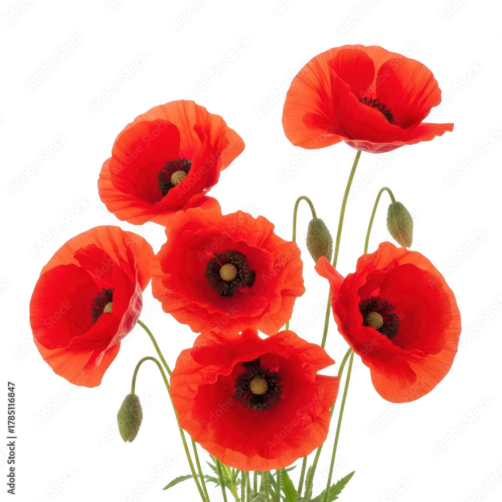 Obraz premium Vibrant red poppies with delicate green stems isolated on transparent background