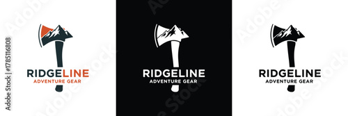 Three variations of Ridgeline logo with mountain peak and text, black and white color scheme, minimalist design.