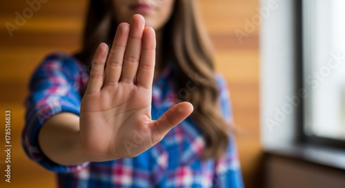 A gesture of Denial: a person's outstretched hand in a clear sign of refusal and prohibition. This intimate moment reveals the power of non-verbal communication, conveying a message with impact.