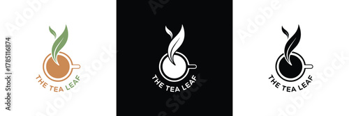 Three variations of The Tea Leaf logo with orange, feather, and leaf motifs in minimalist black and white designs.